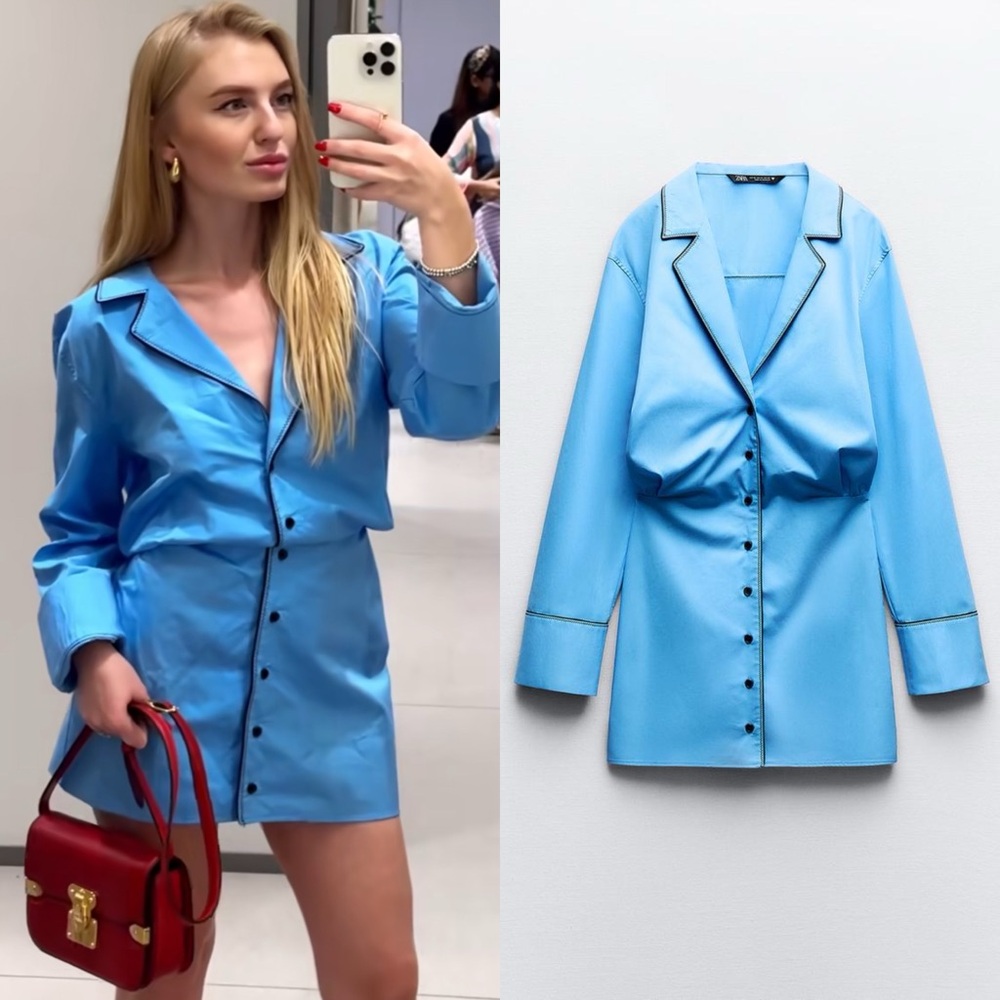 Zara SHORT TRENCH MINI DRESS V-Neck Long Sleeve Button Down Blue Size XS NEW